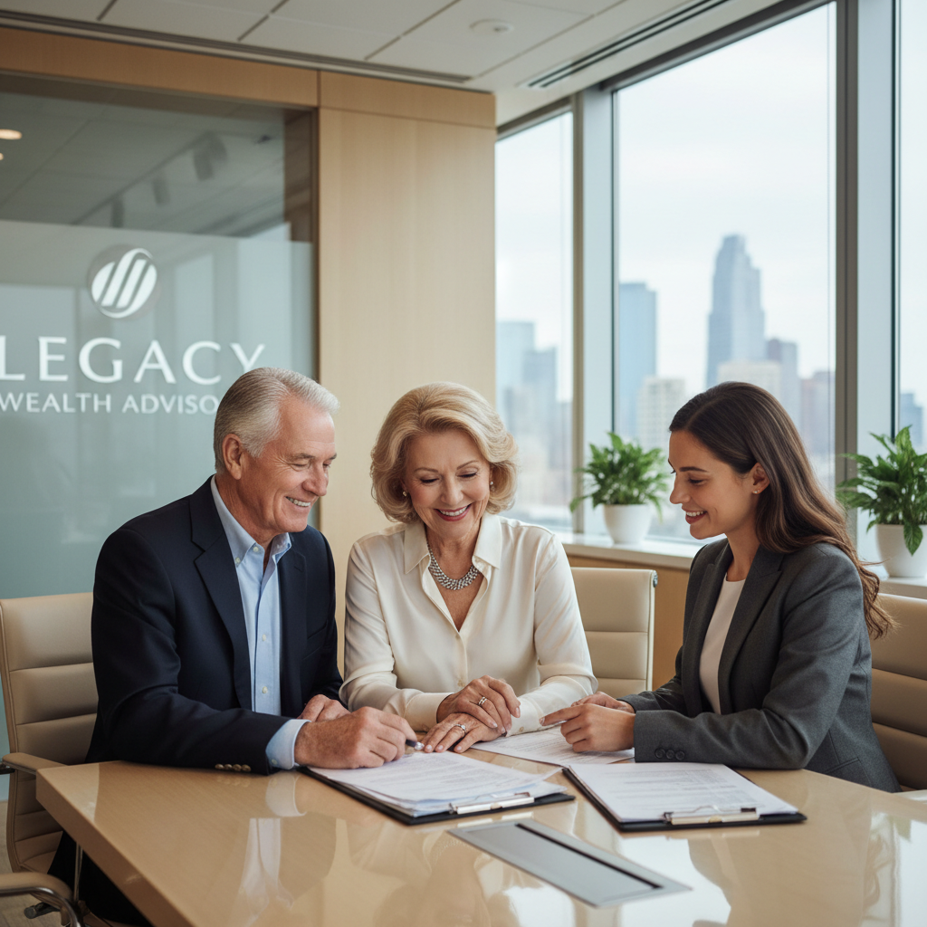 Elderly couple James and Carol T. meeting with their financial advisor, warm office setting